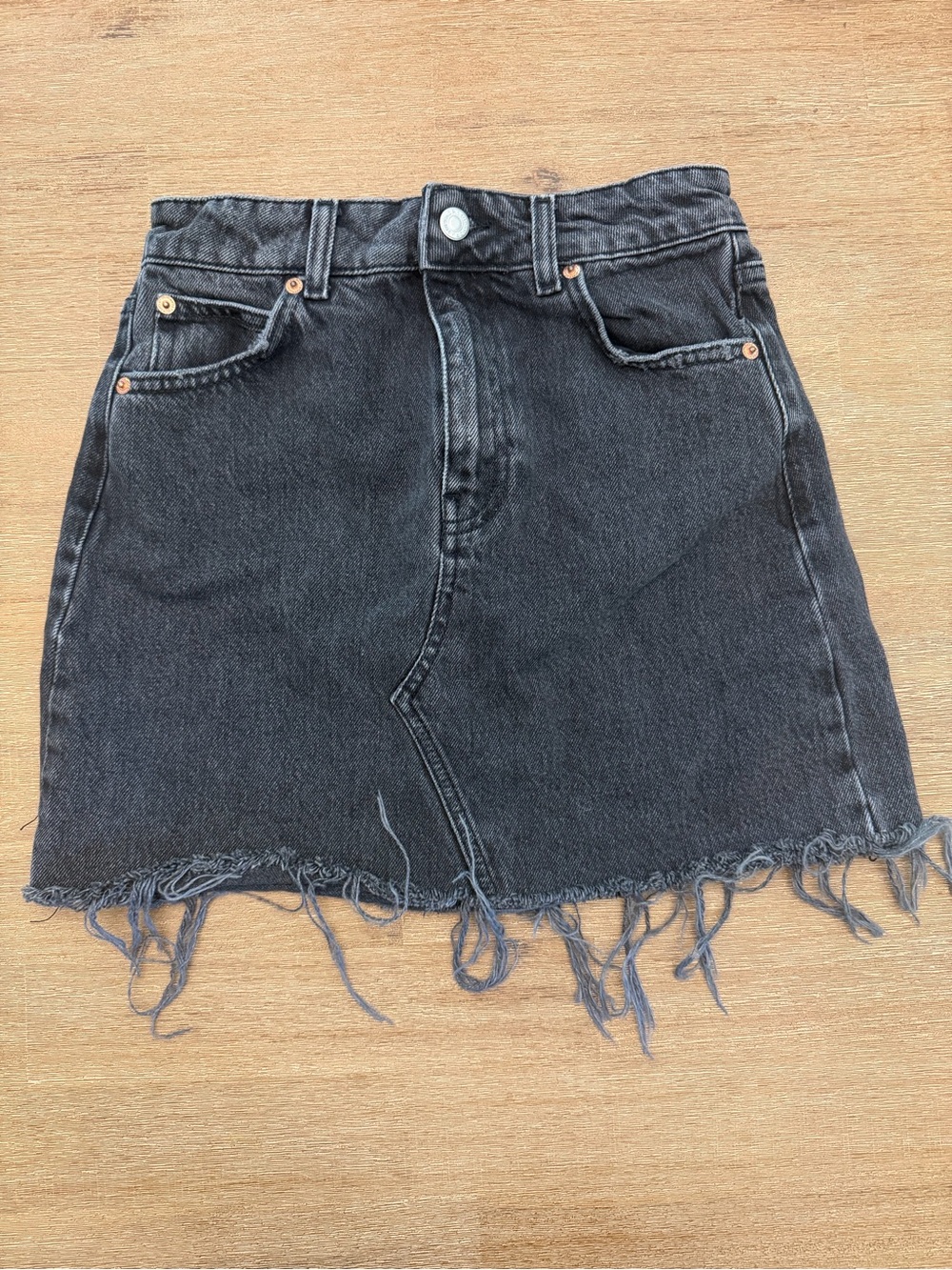 Topshop Black Denim Skirt with Frayed Hem - 2